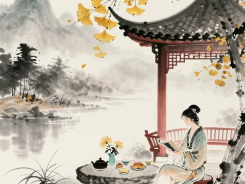 Serene Zen Moment by the Riverside Pavilion