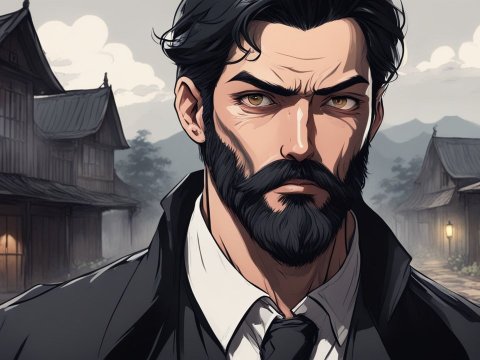 Serious Bearded Man in Traditional Village Setting