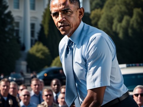 Serious Man in Blue Shirt Addressing Crowd Outdoors