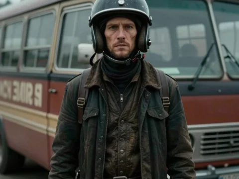 Serious Man in Helmet Standing by Vintage Bus