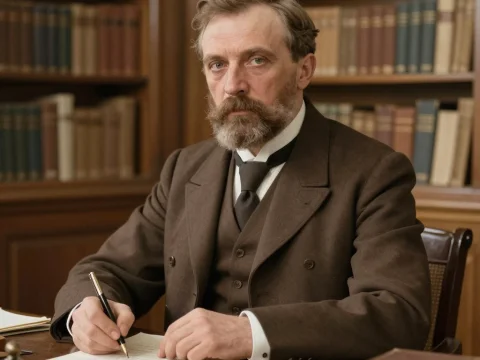 Serious Man Writing in Historic Library