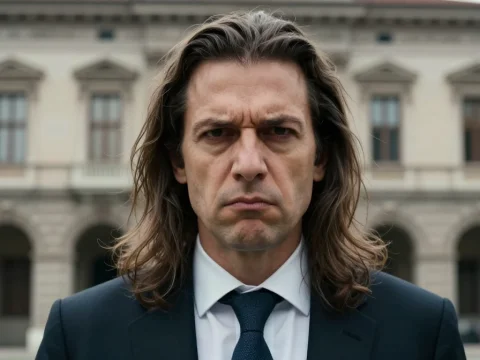 Serious Politician in Formal Suit Outside Historic Building