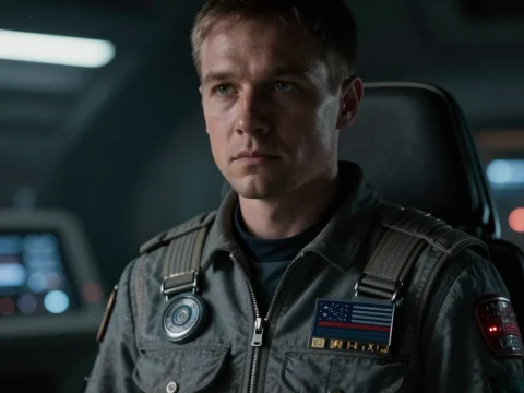 Serious Sci-Fi Pilot in Futuristic Cockpit