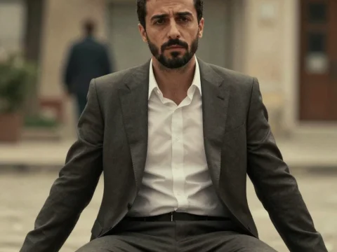 Serious Turkish Man in Formal Suit Sitting Outdoors
