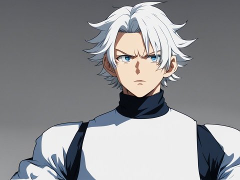 Serious White-Haired Anime Character with Blue Eyes