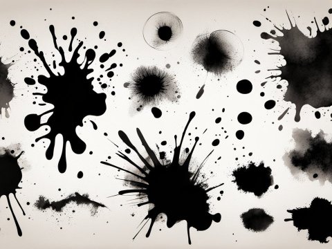 Set of Black Ink Splatter Blots on Light Background