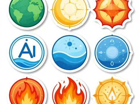 Set of Nine Colorful Elemental Symbols