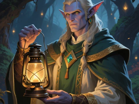 Shadar Kai Cleric Holding Lantern in Enchanted Forest