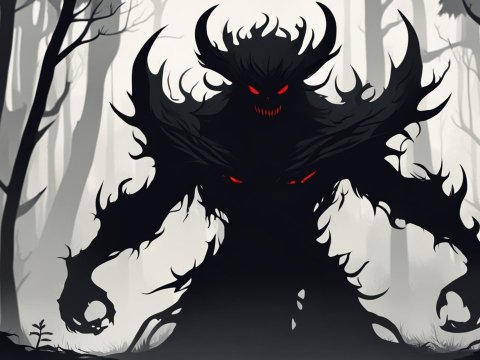 Shadow Demon with Red Eyes in Dark Forest