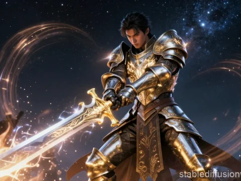 Shadow Knight Slashing Stars with Glowing Sword