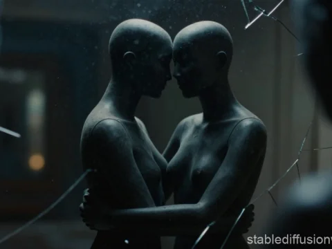 Shadow Mannequins Embracing in Broken Mirror