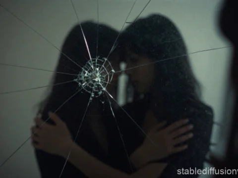 Shadowed Embrace Through Cracked Glass