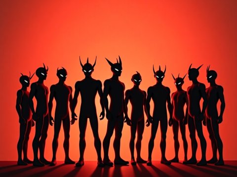 Shadowy Alien Figures Against Fiery Red Background
