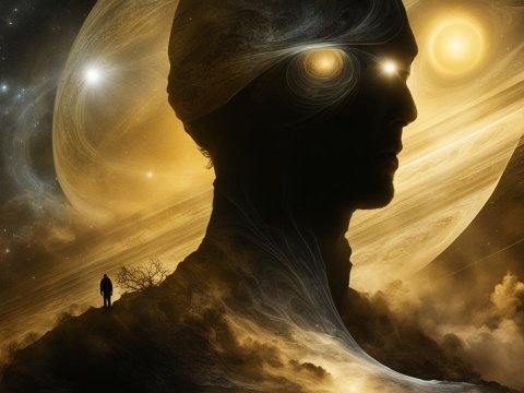 Shadowy Cosmic Figure with Glowing Eyes in Space