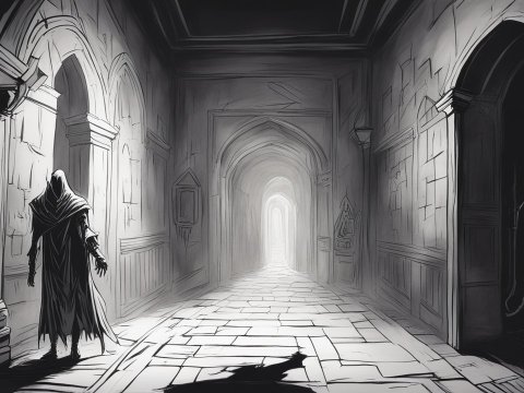 Shadowy Figure in a Gothic Corridor
