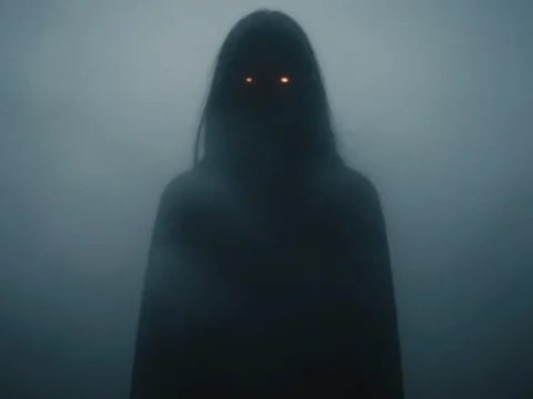 Shadowy Figure with Glowing Eyes in Fog