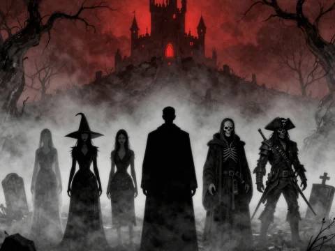 Shadowy Figures Gathered Before a Haunted Castle