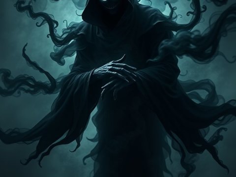 Shadowy Hooded Figure with Glowing Eyes in Dark Mist