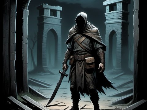 Shadowy Hooded Warrior in Moonlit Ruins