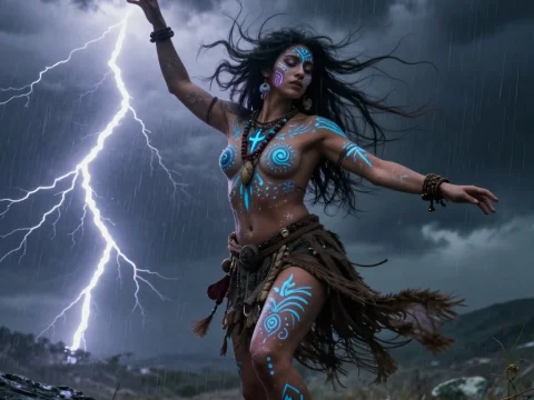 Shaman Dancing in Storm with Glowing Tribal Paint