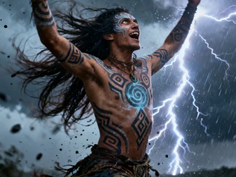 Shaman Dancing with Lightning in Stormy Sky