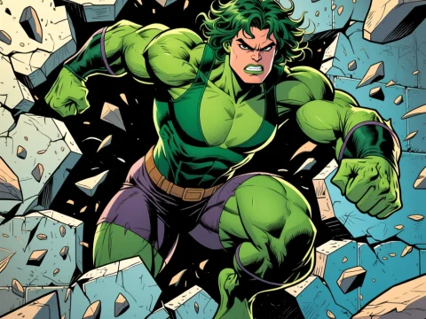 She-Hulk Breaking Through Wall in Dynamic Comic Style