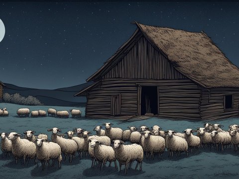 Sheep Gathered Near a Barn Under a Full Moon