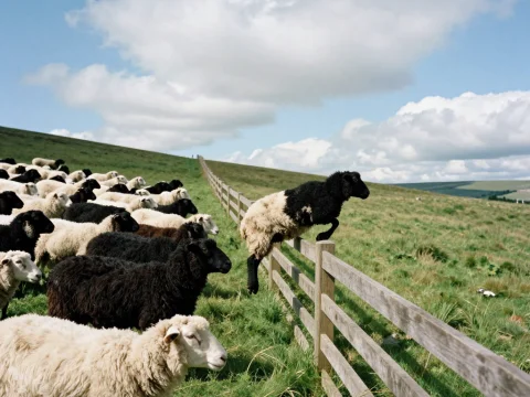 Sheep Jumping Over Fence in a Green Pasture