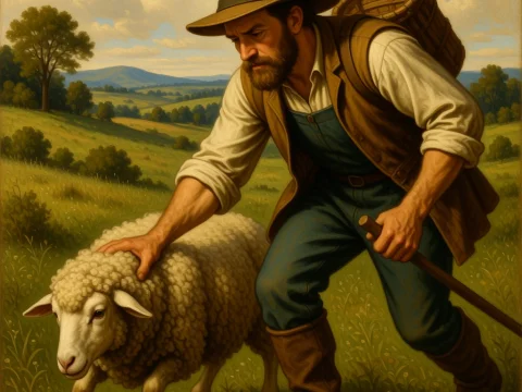 Shepherd Caring for Sheep in Pastoral Landscape