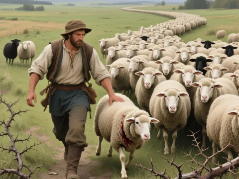 Shepherd Leading Injured Sheep Through Vast Pasture