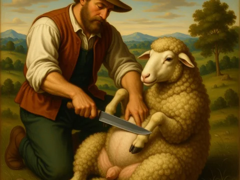 Shepherd Preparing Sheep with Knife in Pastoral Landscape
