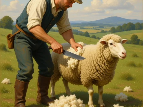 Shepherd Shearing Sheep in a Pastoral Landscape