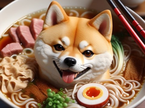 Shiba Inu Dog in a Bowl of Ramen Noodles