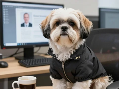 Shih Tzu Dog Wearing Jacket in Office Setting