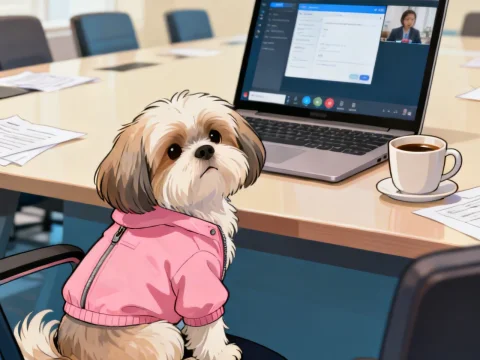 Shih Tzu in Pink Jacket Sitting at Office Desk