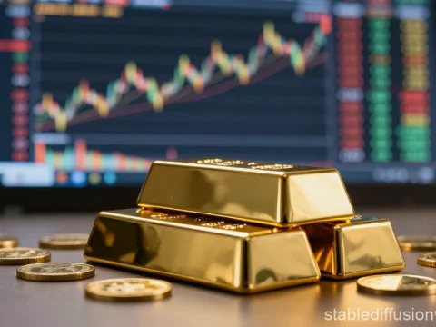 Shiny Gold Bars and Coins with Stock Market Chart Background