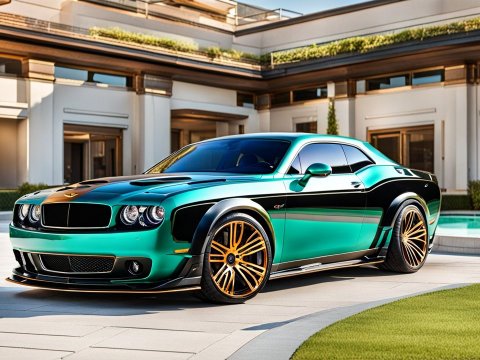 Shiny Green Dodge Challenger with Gold Rims in Luxury Setting