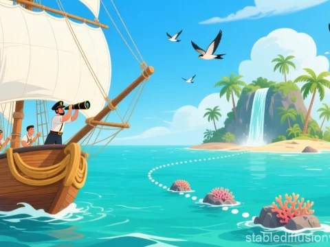 Ship Navigating Coral Reefs Towards Tropical Island