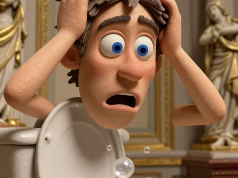 Shocked Cartoon Man Reacting to Bubbly Toilet Overflow