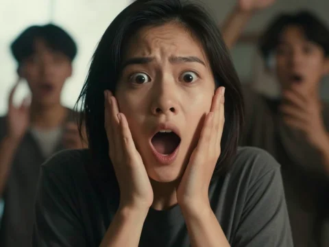 Shocked Woman with Surprised Friends in Background