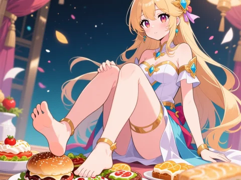 Shy Goddess Surrounded by Delicious Food