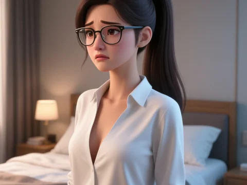 Shy Woman with Glasses in Cozy Bedroom