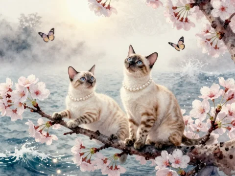 Siamese Cats with Pearls on Sakura Branch by the Sea
