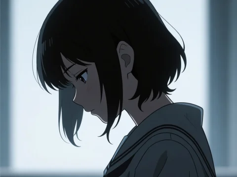 Silent Anime Girl Silhouette in Thoughtful Pose