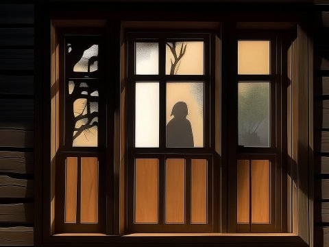 Silhouette Behind Cabin Window at Dusk