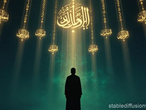 Silhouette Contemplating Divine Arabic Calligraphy in Heavenly Light