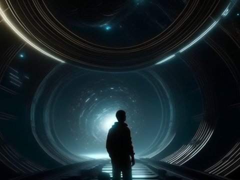 Silhouette Exploring Futuristic Tunnel with Glowing Portal