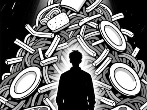 Silhouette Facing Tower of Food Under Spotlight