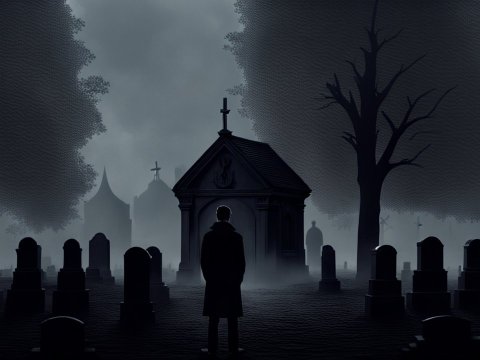 Silhouette in a Foggy Cemetery at Night