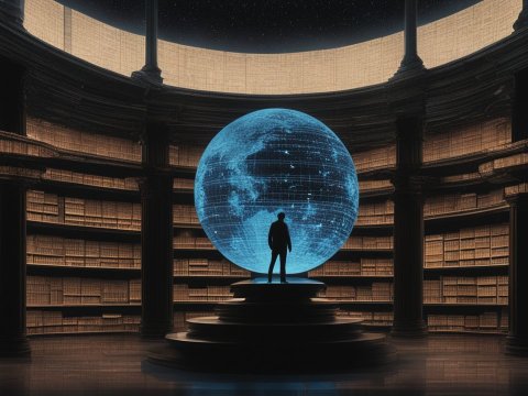 Silhouette in Grand Library with Holographic Globe